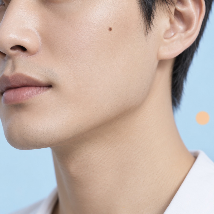 얼굴의 작은 점을 보여주는 남성 얼굴 근접 이미지