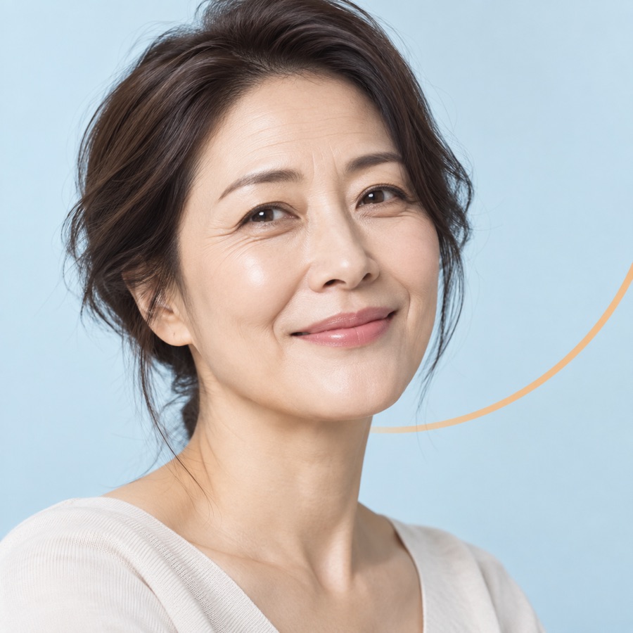 자연스러운 이마주름과 눈가주름이 보이는 중년 여성